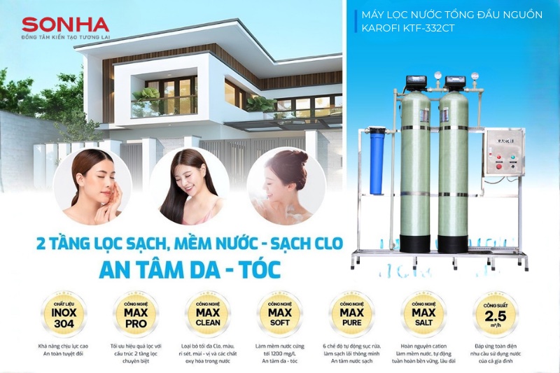Lọc tổng đầu nguồn Karofi KTF-332CT xử l&yacute; hiệu quả nước cứng, an to&agrave;n cho da t&oacute;c