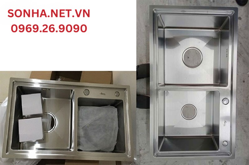 H&igrave;nh ảnh thực tế chậu rửa b&aacute;t 2 hố lệch Bancoot 208R