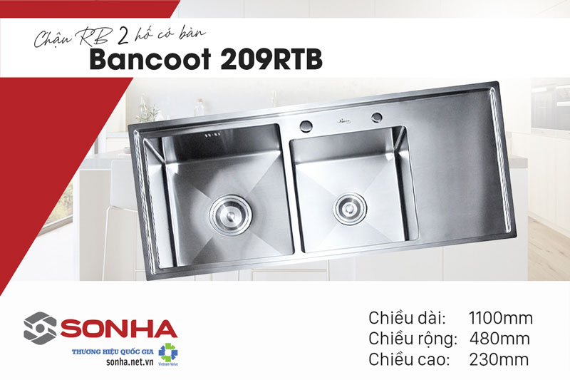 Chậu rửa inox 304 2 hố Bancoot 209RTB phù hợp gia đình đông người