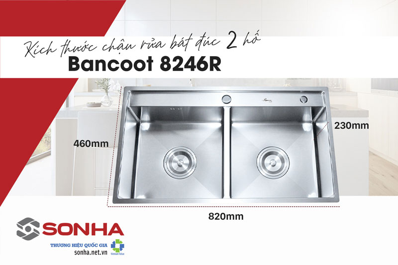 Kích thước bồn rửa inox 2 ngăn Bancoot 8246R