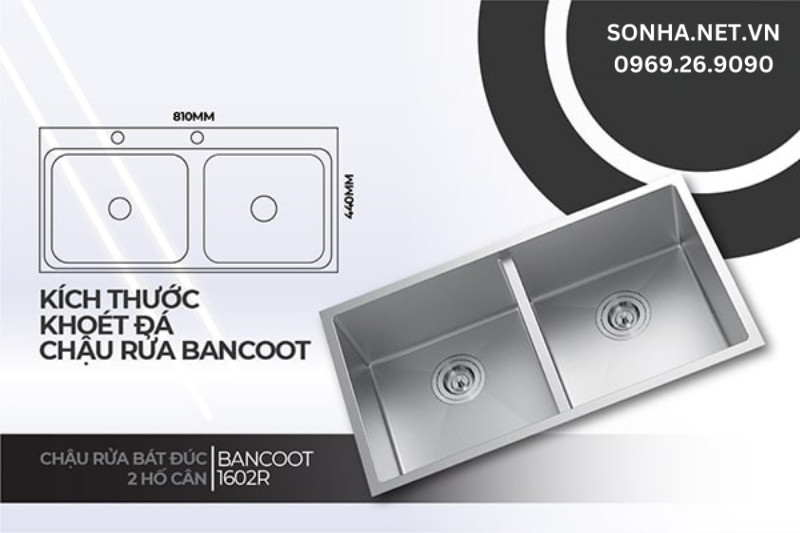 Kích thước khoét đá Bancoot 1602R gợi ý nhỏ hơn 100 - 200m so với chiều dài, rộng chậu là 830 x 450mm