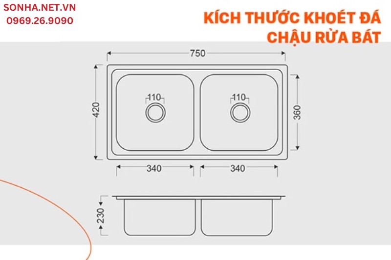 Kích thước khoét đá bồn rửa chén inox Bancoot 1601R khi lắp đặt