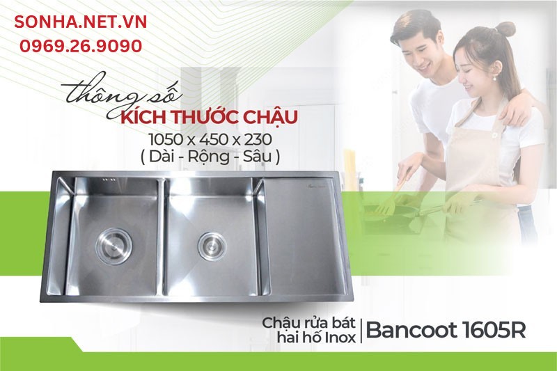 K&iacute;ch thước bồn rửa ch&eacute;n inox 2 ngăn Bancoot 1605R 