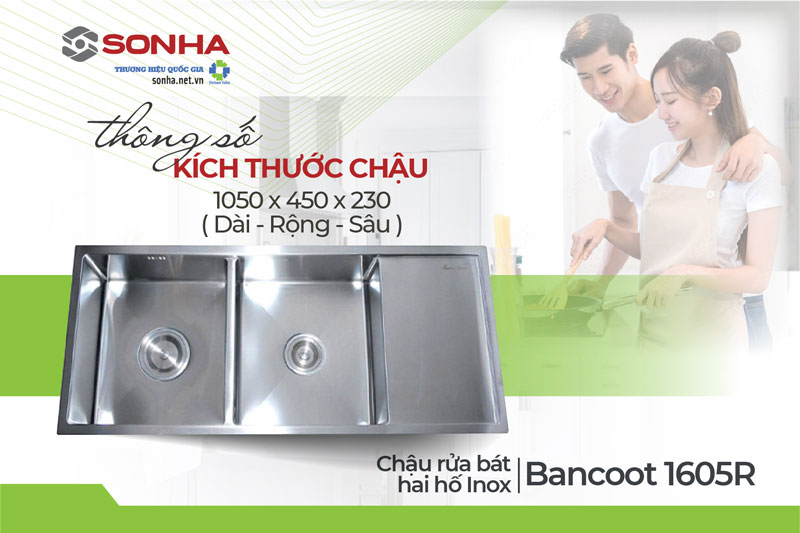 Kích thước chậu rửa bát đúc 2 hố Bancoot 1605R