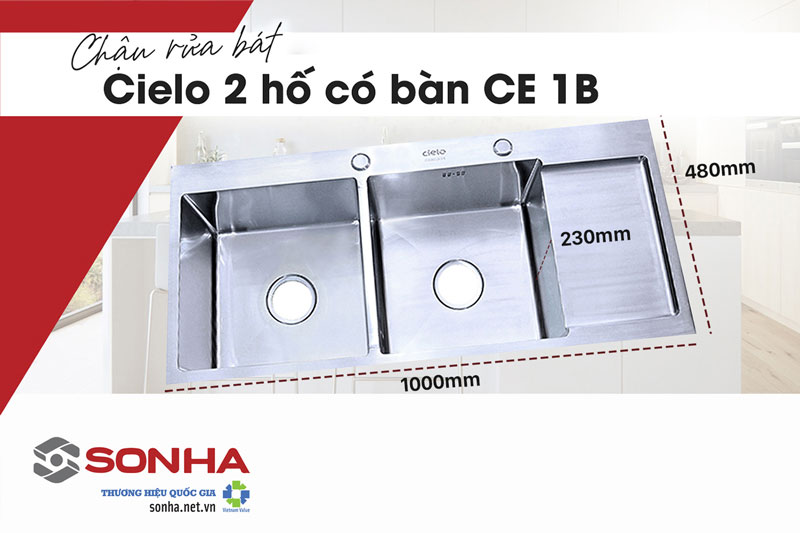 Kích thước chậu rửa bát đúc inox 304 2 hố Cielo CE 1B