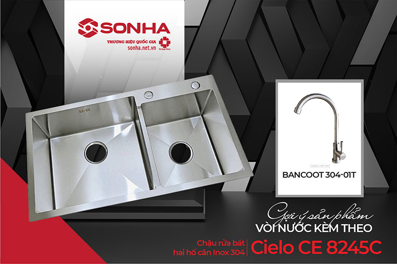 Chậu rửa bát 2 hố lệch Cielo 02 và vòi Bancoot 304-01T