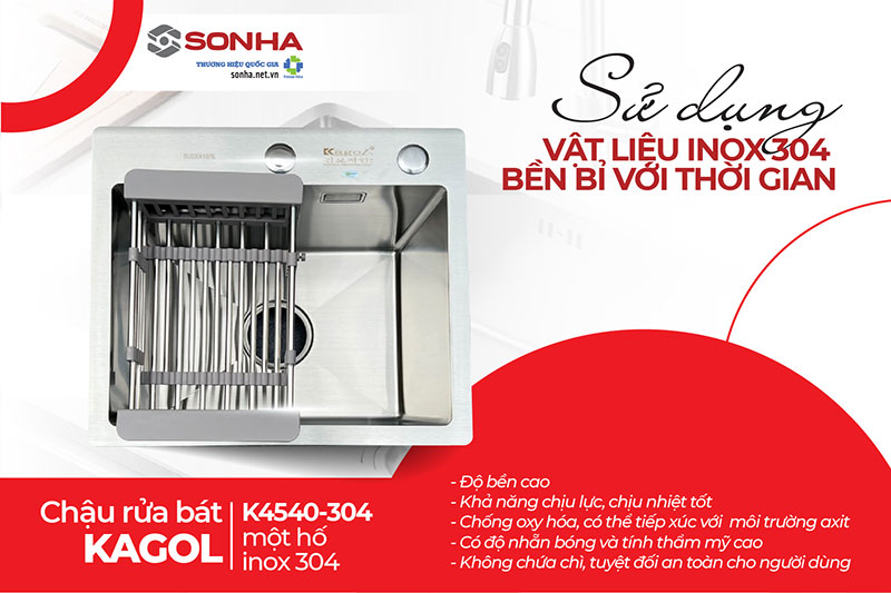 Chậu 1 hố Kagol K4540-304 làm từ inox 304