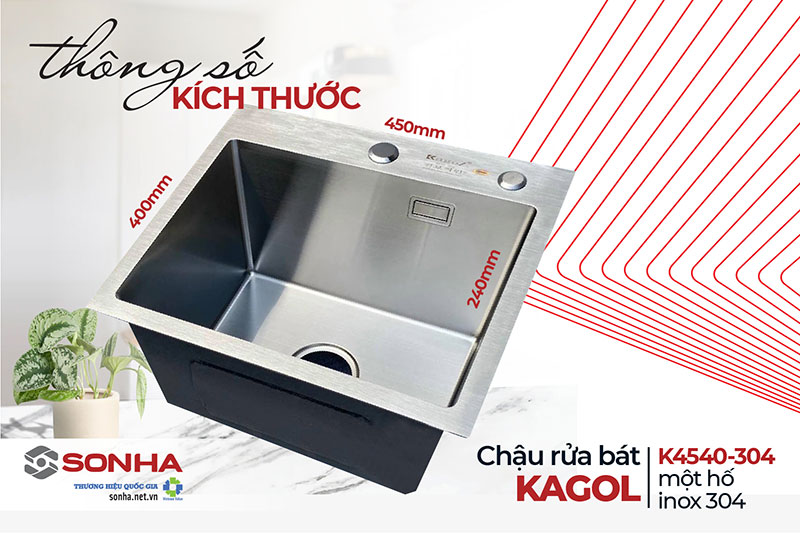 Kích thước chậu 1 hố Kagol K4540-304