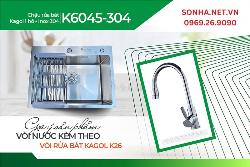 Chậu K6045-304 v&agrave; v&ograve;i K26 biến ho&aacute; căn bếp hiện đại