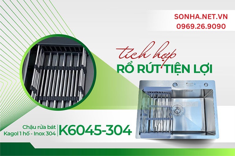 Chậu rửa b&aacute;t 1 hố Kagol K6045-304 tặng k&egrave;m rổ r&uacute;t khi mua 