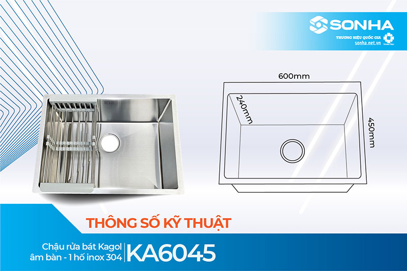 Kích thước chậu rửa bát 1 hố Kagol KA6045