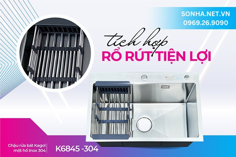 Chậu Kagol K6845 - 304 tặng k&egrave;m rổ r&uacute;t tiện lợi khi mua 
