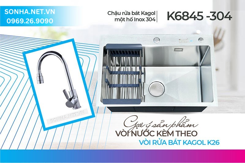 Bộ đ&ocirc;i chậu Kagol K6845-304 v&agrave; v&ograve;i K26 tiện &iacute;ch căn bếp hiện đại