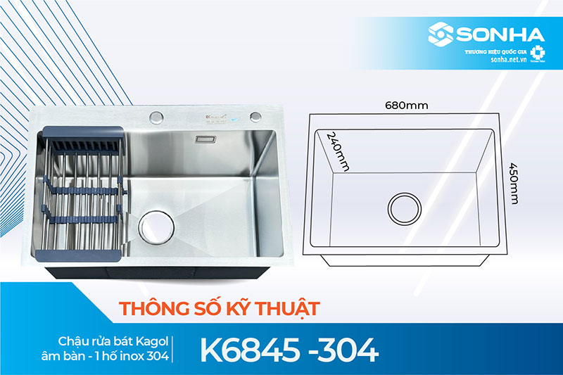 Kích thước chậu rửa bát Kagol K6845 - 304