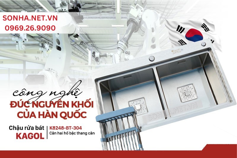 Chậu rửa bát inox đúc liền khối thủ công tinh xảo của Hàn Quốc