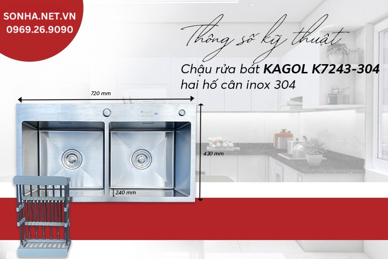 Kích thước chậu Kagol K7243-304 phù hợp lắp đặt căn bếp rộng