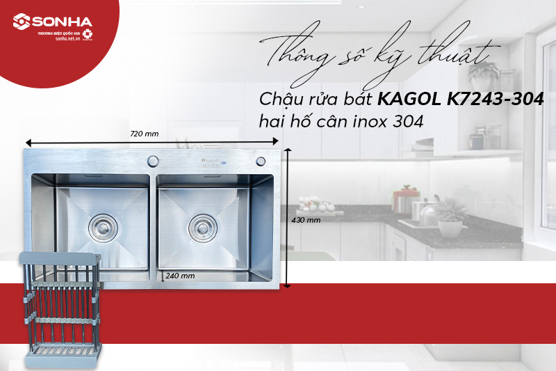 Kích thước chậu rửa bát Kagol K7243-304 cân inox 304