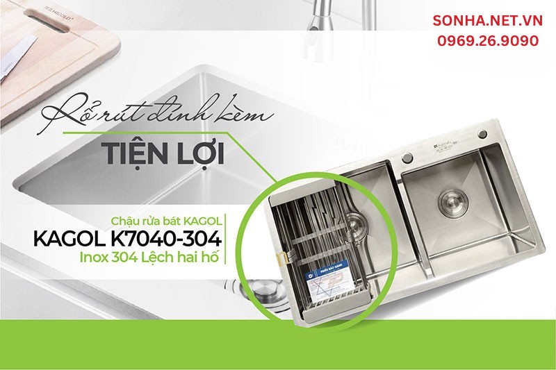 Mua chậu Kagol K7040 - 304 tặng kèm rổ rút tiện lợi