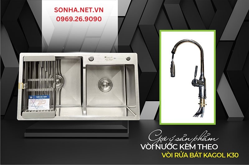 Bộ đôi hoàn hảo lắp đặt cùng nhau chậu Kagol K7040 - 304 và vòi K30
