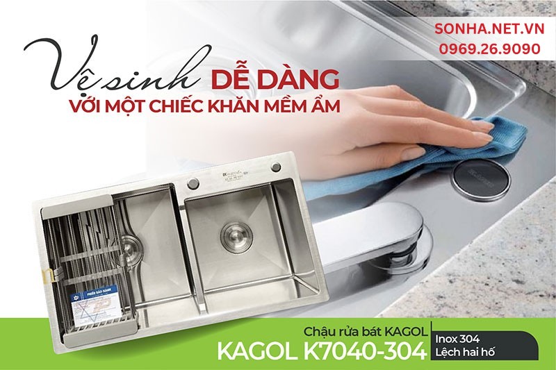 Chậu Kagol K7040-304 lệch 2 hố dễ dàng vệ sinh