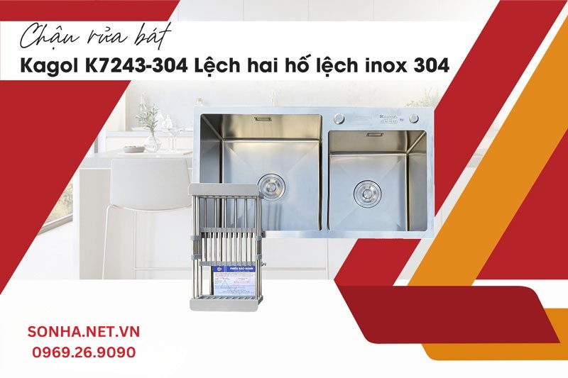 Chậu rửa 2 hố Kagol K7243-304 thiết kế hiện đại, tiện ích