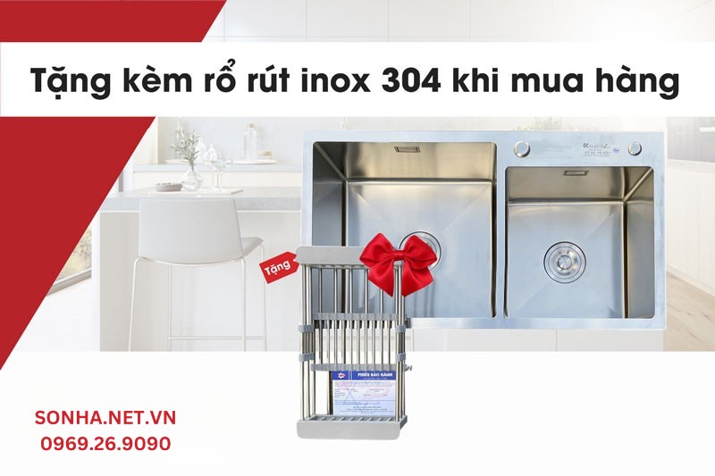 Mua bồn rửa bát đôi Kagol K7243-304 lệch tặng kèm rổ rút tiện lợi