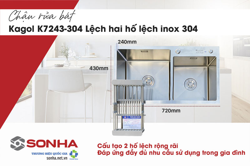 Kích thước bồn rửa chén inox 304 2 ngăn Kagol K7243-304