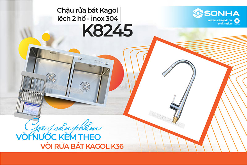 Chậu Kagol K8245-304 lắp cùng vòi K36