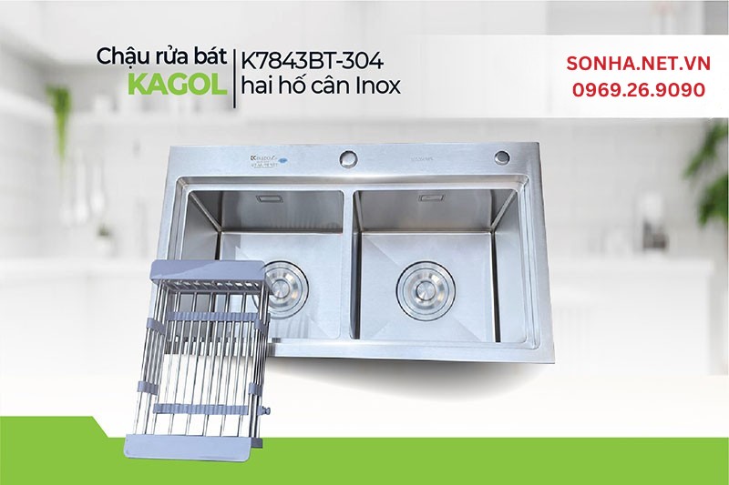 Chậu rửa 2 hố cân Kagol K7843BT-304 chất liệu cao cấp, tiện ích sử dụng
