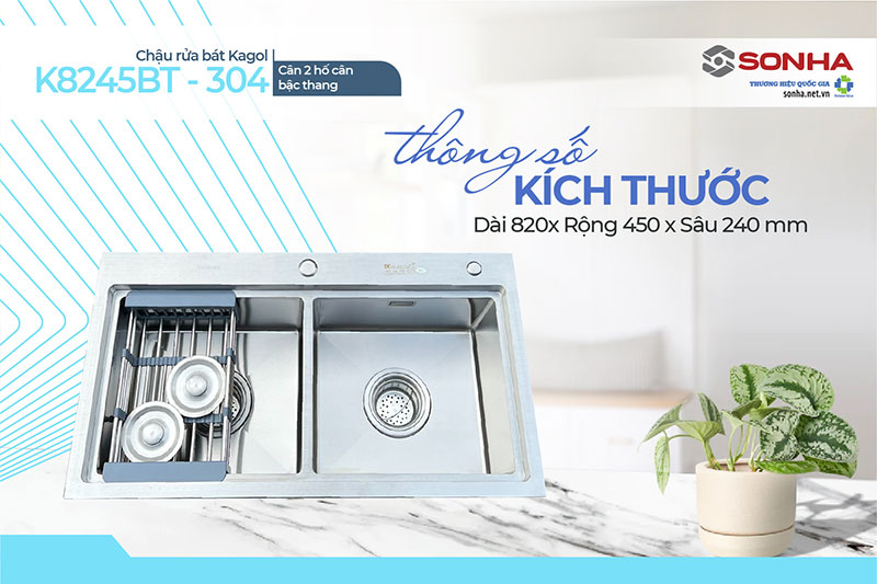 Kích thước bồn rửa chén Kagol K8245BT-304 cân