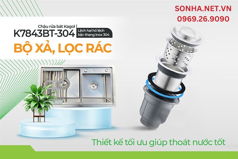 Bộ xả, nắp lọc rác thiết kế tối ưu ngăn rác, thoát nước tốt