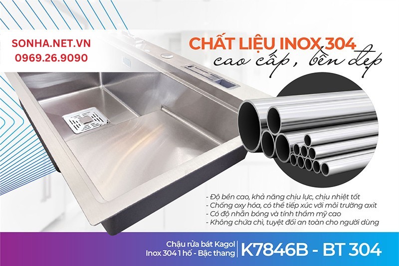 Kagol K7846B-BT 304 làm từ inox 304 bền đẹp theo thời gian, an toàn sức khoẻ