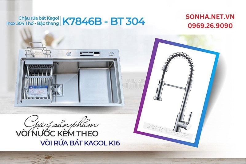 Bộ đôi Kaogl K7846B-BT 304 và vòi K16 lựa chọn hoàn hảo trong căn bếp hiện đại