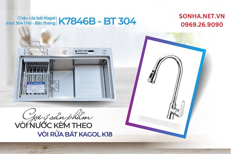 Chậu và vòi Kagol K7846B - BT 304, K18 nâng tầm tiện ích sống trong căn bếp