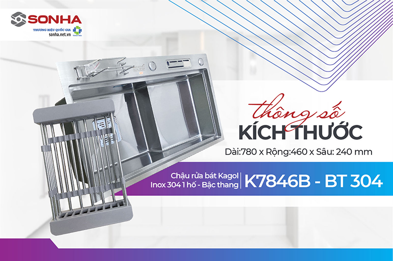 Kích thước chậu Kagol K7846B - BT 304 1 hố bậc thang