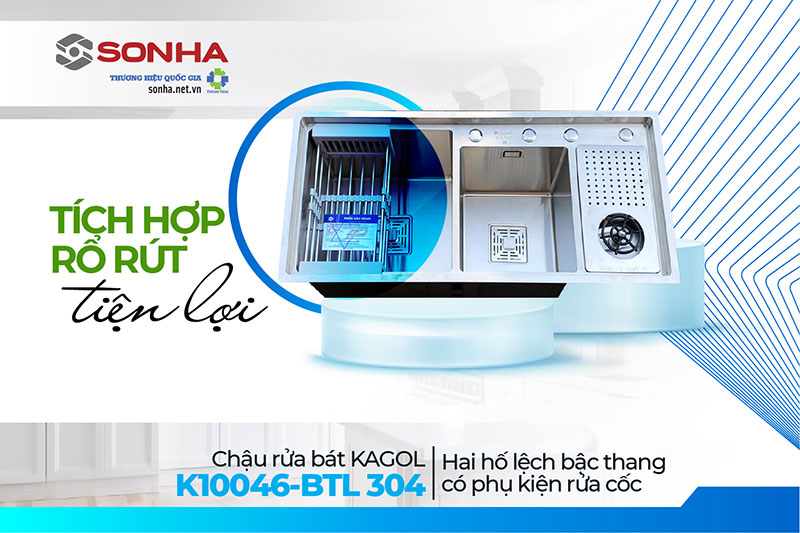 Chậu Kagol K10046-BTL 304 tích hợp rổ rút, rửa cốc