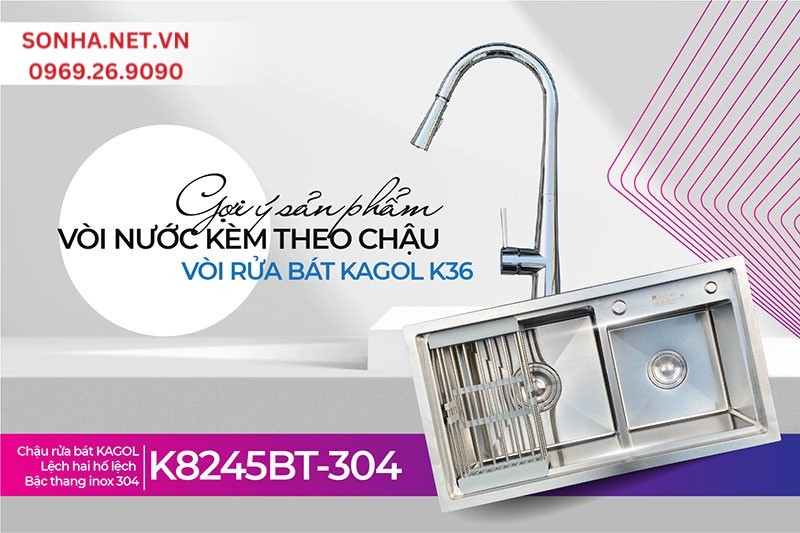 Combo tiện ích lắp cùng nhau chậu Kagol K8245BT-304 và vòi K36