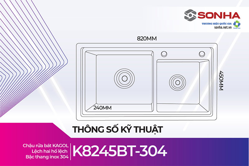 Kích thước chậu Kagol K8245BT-304