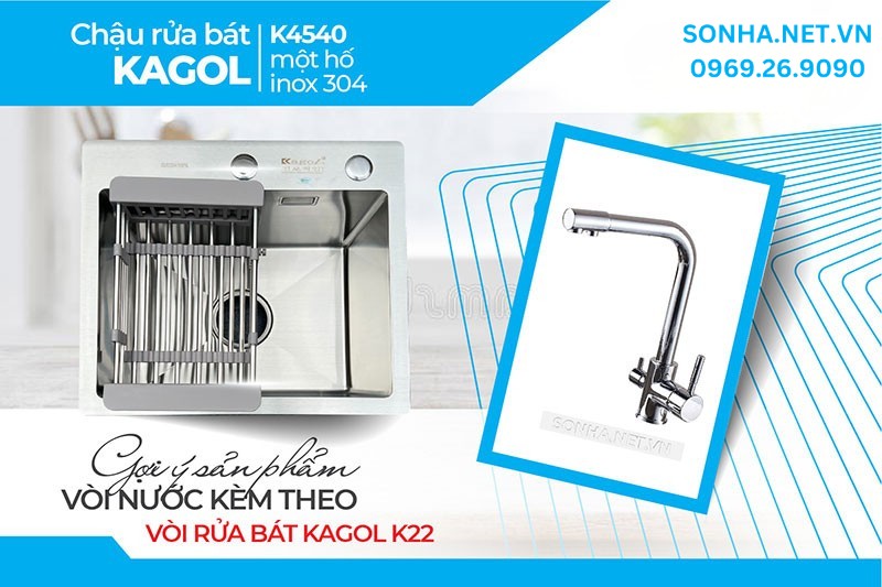 Combo tiện ích lắp đặt cùng nhau chậu Kagol K4540 và vòi K22