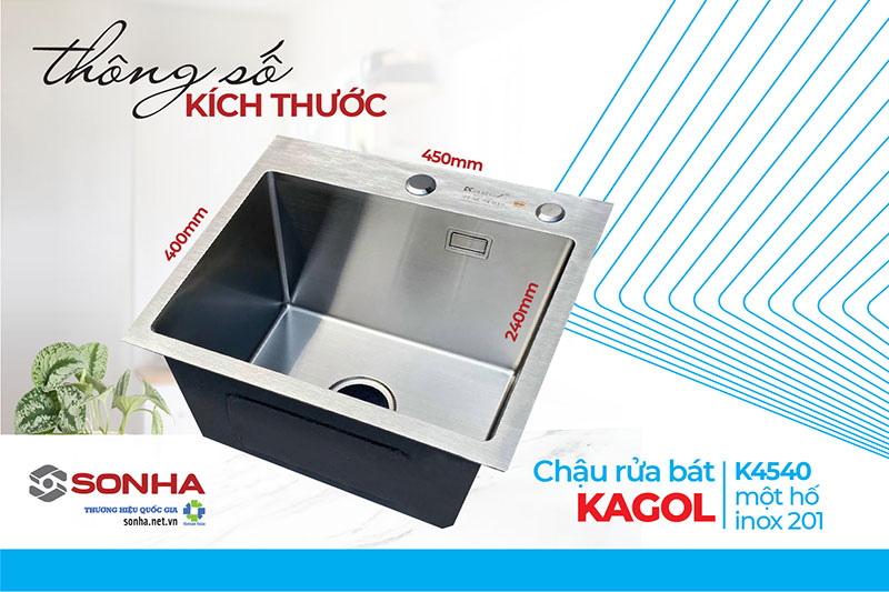 Kích thước chậu 1 hố Kagol K4540 inox 201