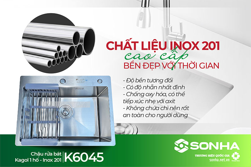 Chậu 1 hố Kagol K6045 làm bằng inox 201