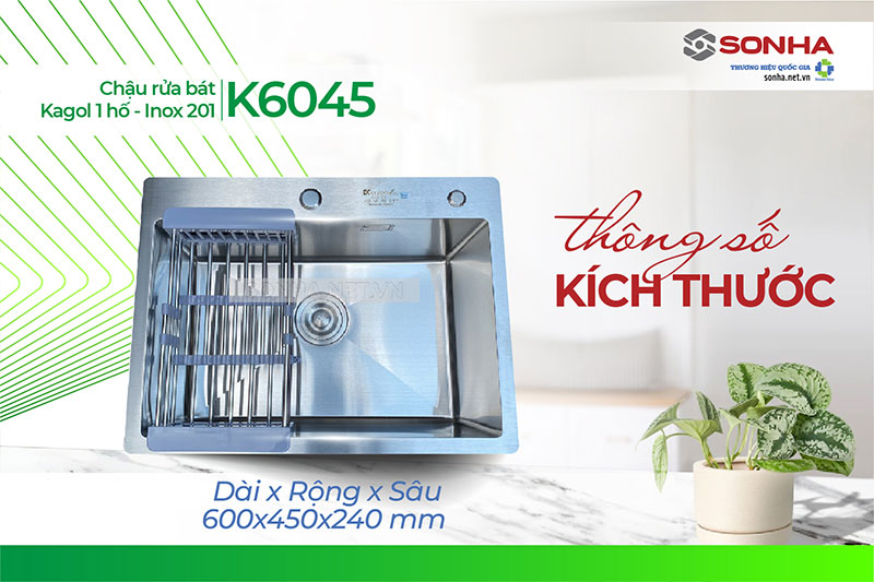 Kích thước chậu 1 hố Kagol K6045 inox 201