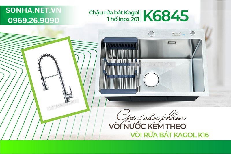 Combo lắp đặt chậu Kagol K6845 inox 201 v&agrave; v&ograve;i K16