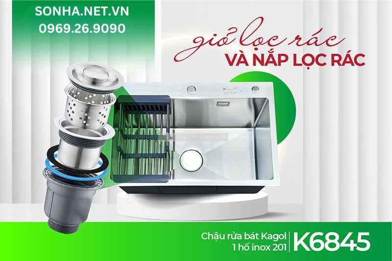 Giỏ v&agrave; nắp lọc r&aacute;c Kagol K6845 inox 201 lọc r&aacute;c hiệu quả