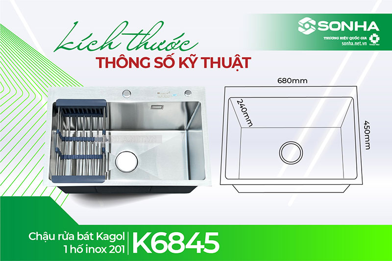 Kích thước chậu rửa bát 1 hố Kagol K6845 inox 201