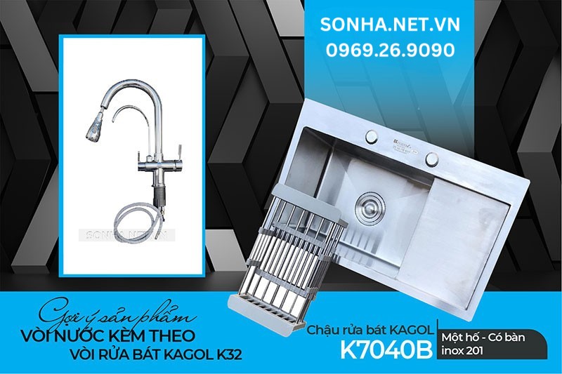  Bộ đ&ocirc;i tiện &iacute;ch căn bếp chậu Kagol K7040B v&agrave; v&ograve;i K32