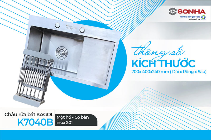 Kích thước chậu rửa bát Kagol K7040B inox 201