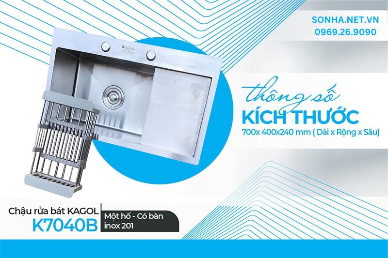 K&iacute;ch thước Kagol K7040B inox 201 ph&ugrave; hợp gia đ&igrave;nh &iacute;t người sử dụng
