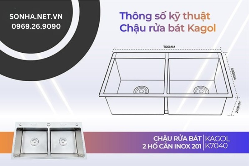 Thông số kỹ thuật chậu rửa bát Kagol K7040-Cân inox 201