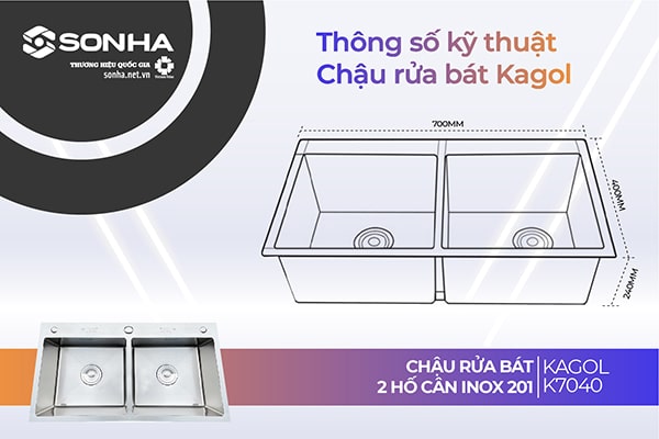 Thông số kỹ thuật chậu rửa bát Kagol K7040 2 hố cân inox 201